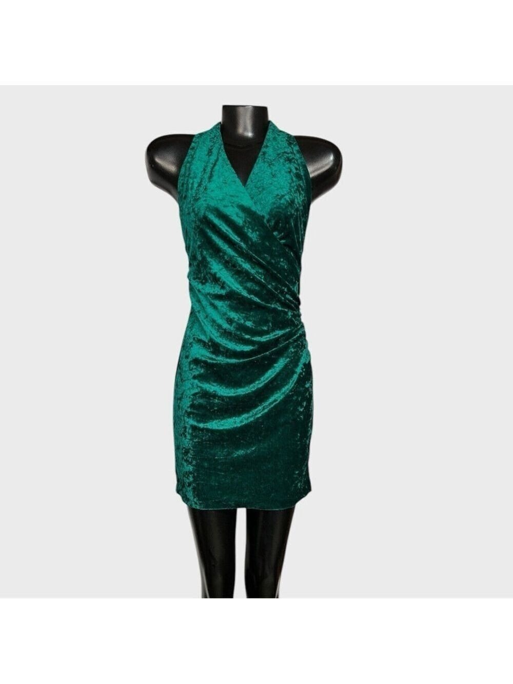 VTG 80s 90s Masquerade 3 SMALL Green Crushed Velvet Halter Mini Dress Bodycon